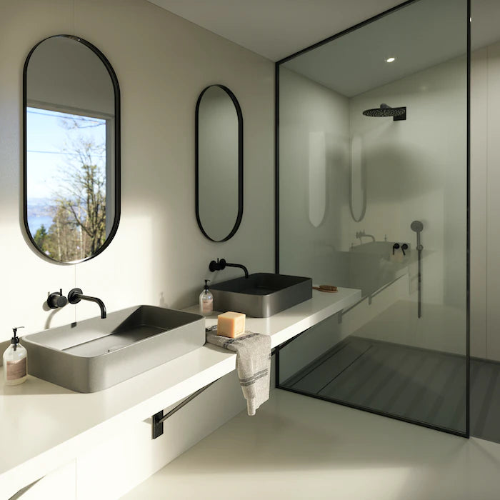 Silestone Faro White bathroom vanity with clean white finish and sleek rectangular sinks — engineered quartz countertops fabricated and installed by Signatur...