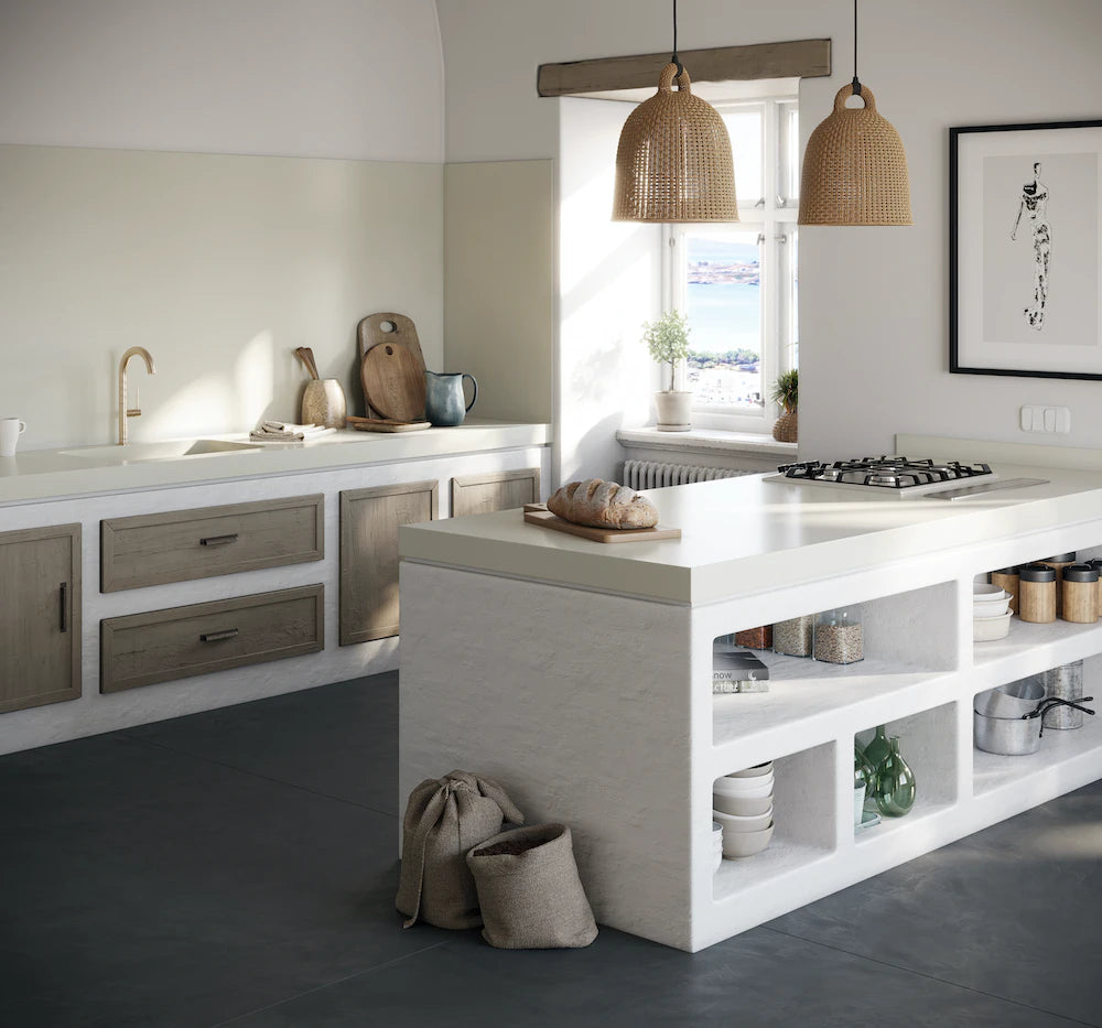 Silestone Faro White kitchen island and perimeter countertops with clean white finish and straight edges — quartz countertops installed by Signature Stone La...