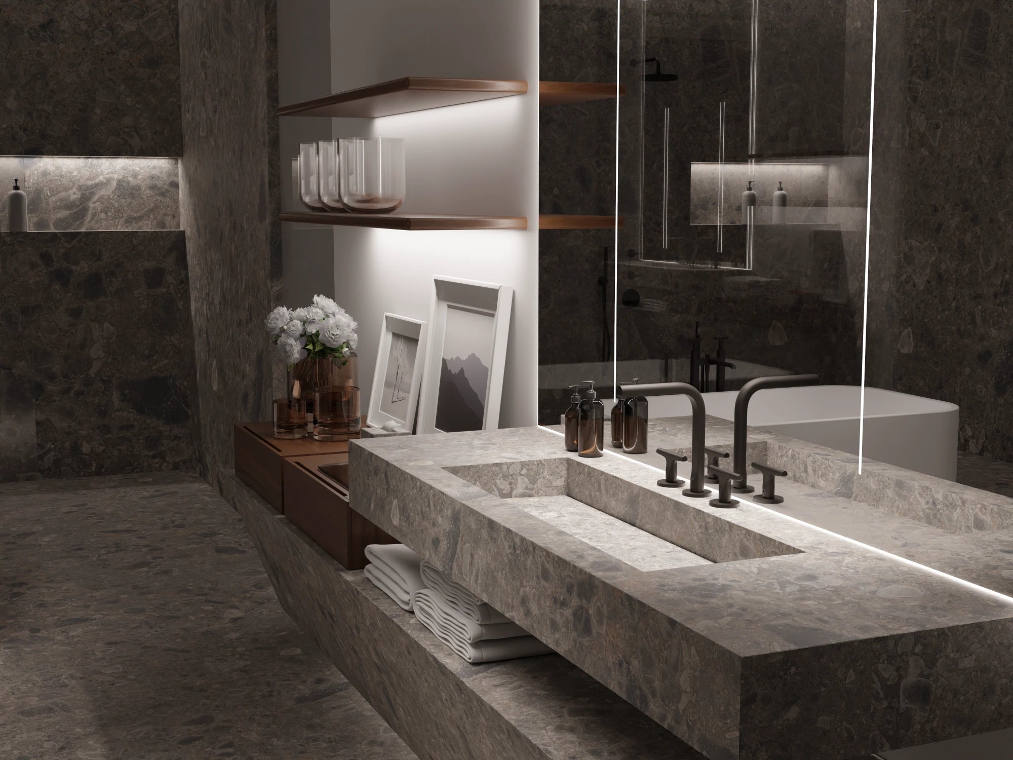 Dekton Ceppo bathroom vanity with integrated sink and gray veined finish — premium dekton kitchen countertops by Signature Stone Las Vegas