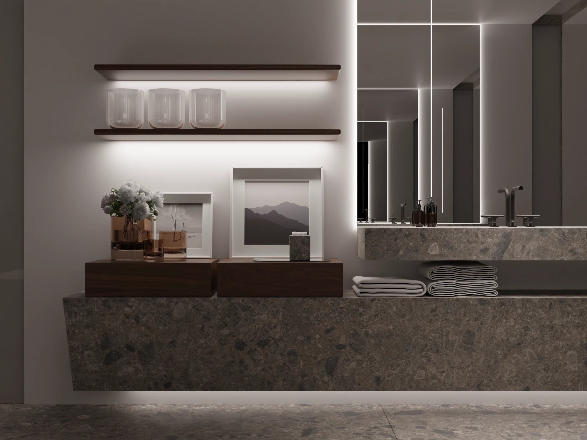 Dekton Ceppo bathroom vanity with speckled gray finish and waterfall edge — premium dekton surfaces fabricated and installed by Signature Stone LV