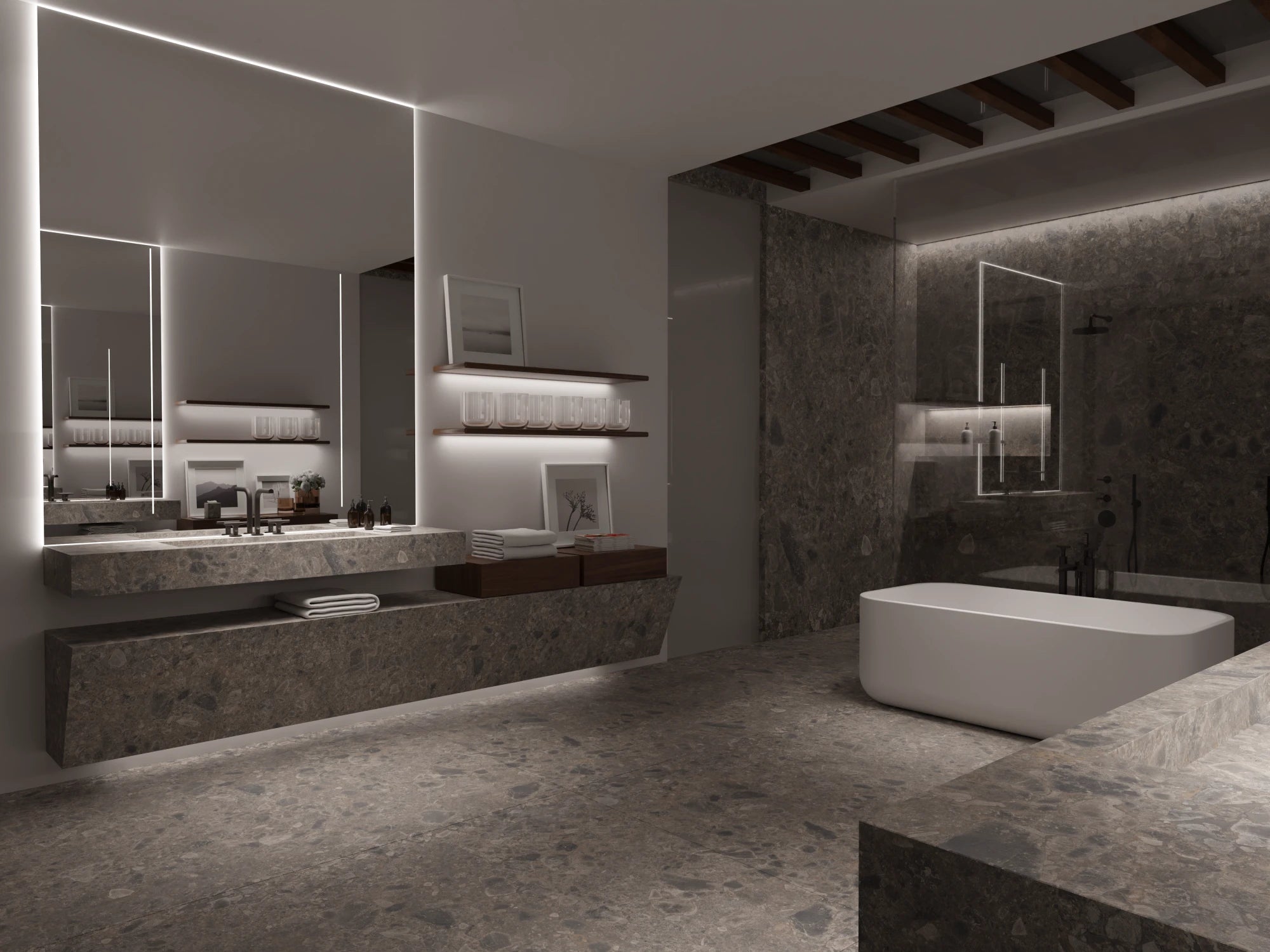 Dekton Ceppo bathroom vanity with dark speckled finish and integrated sink — premium dekton surfaces fabricated and installed by Signature Stone LV
