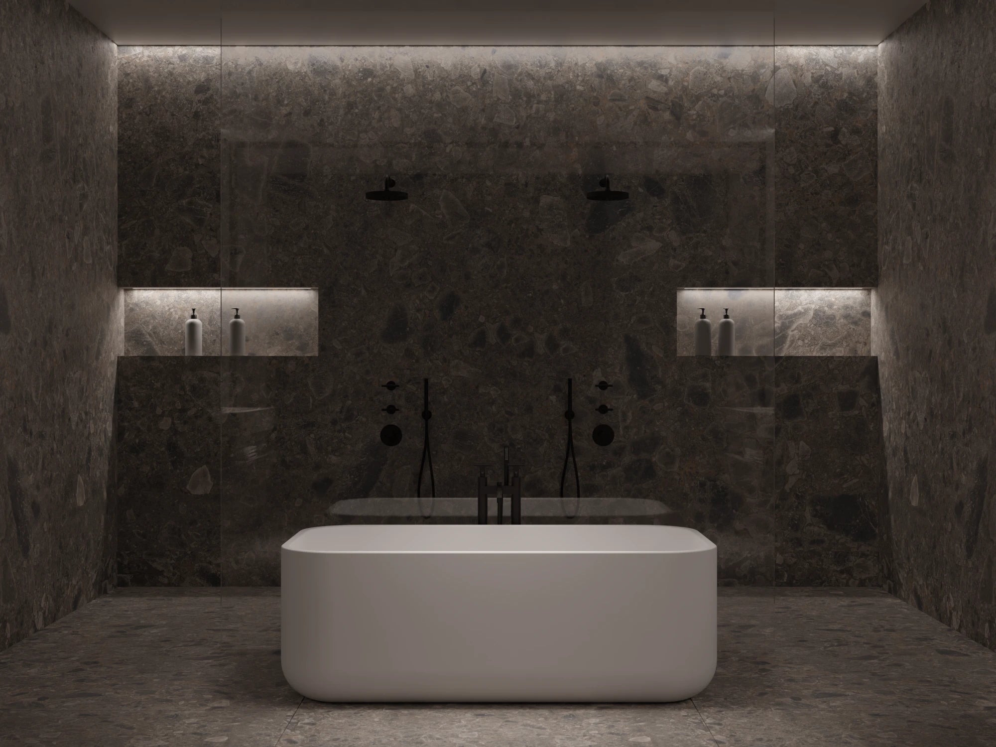 Dekton Ceppo bathroom vanity with dark gray veined finish and integrated basin — premium dekton countertops installed by Signature Stone Las Vegas