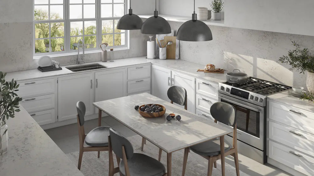 Silestone Helix quartz kitchen countertops with white marble veining and modern white cabinets — quartz countertops near me by Signature Stone Las Vegas