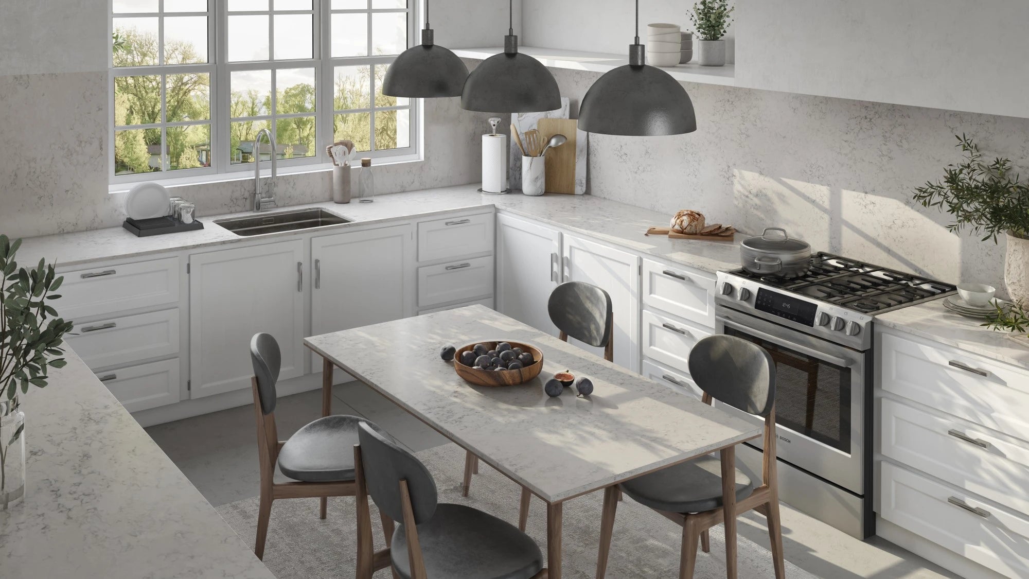 Silestone Helix kitchen countertops with white marble-look veining and clean edges — premium quartz countertops installed by Signature Stone Las Vegas