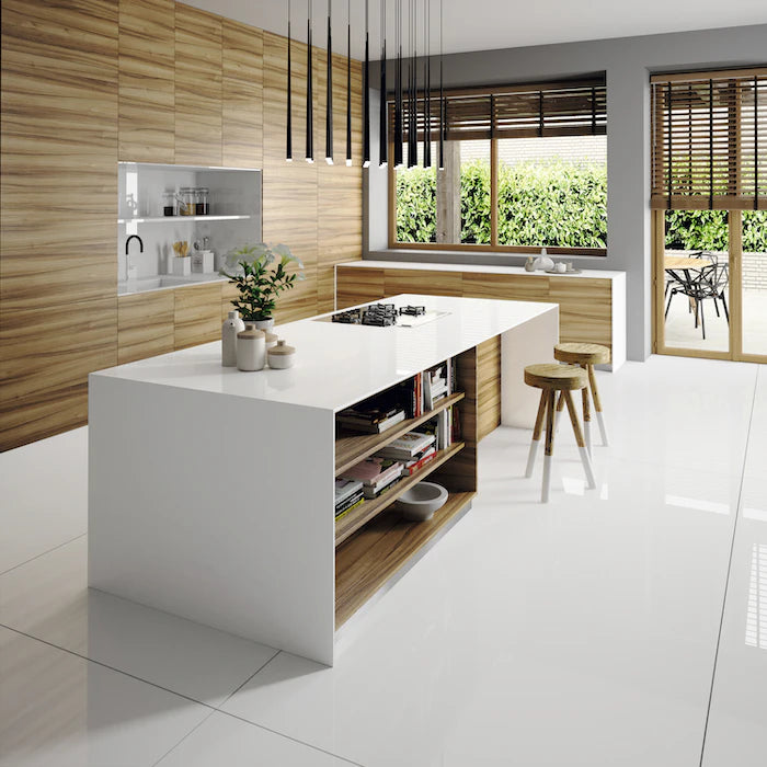Silestone Iconic White kitchen island with clean white surface and wood accents — engineered quartz countertops fabricated and installed by Signature Stone LV
