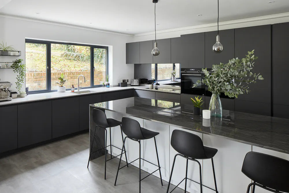 Silestone Kensho quartz kitchen countertops with dark gray veining and polished finish — premium quartz countertops near me by Signature Stone Las Vegas