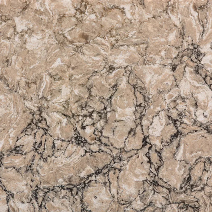 Silestone Kimbler Mist surface with warm beige tones and dark veining throughout — quartz countertops installed by Signature Stone Las Vegas