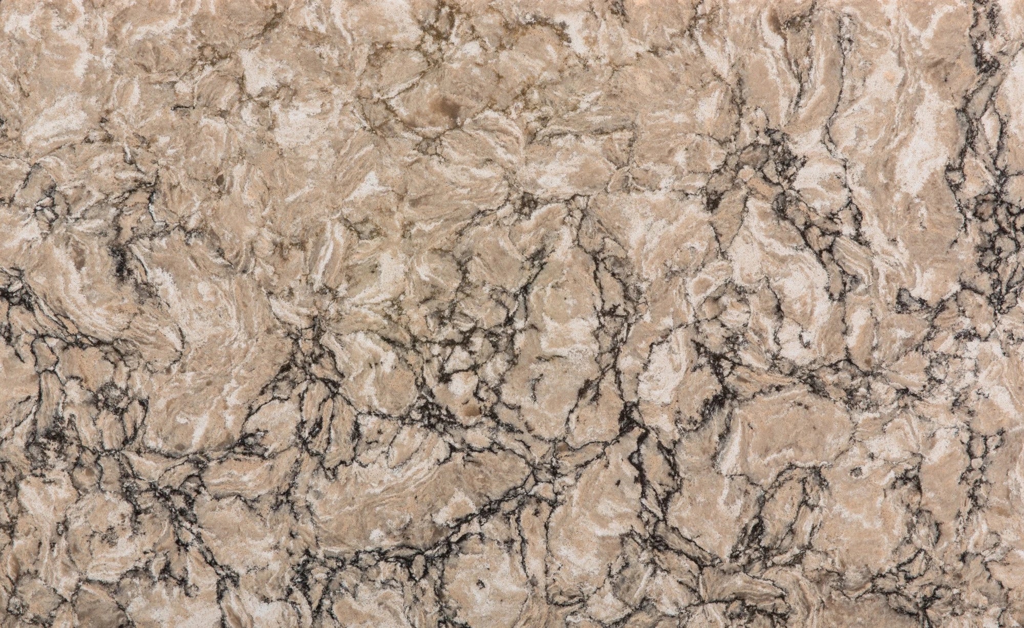 Silestone Kimbler Mist slab surface with warm beige tones and intricate dark veining patterns — quartz countertops installed by Signature Stone Las Vegas