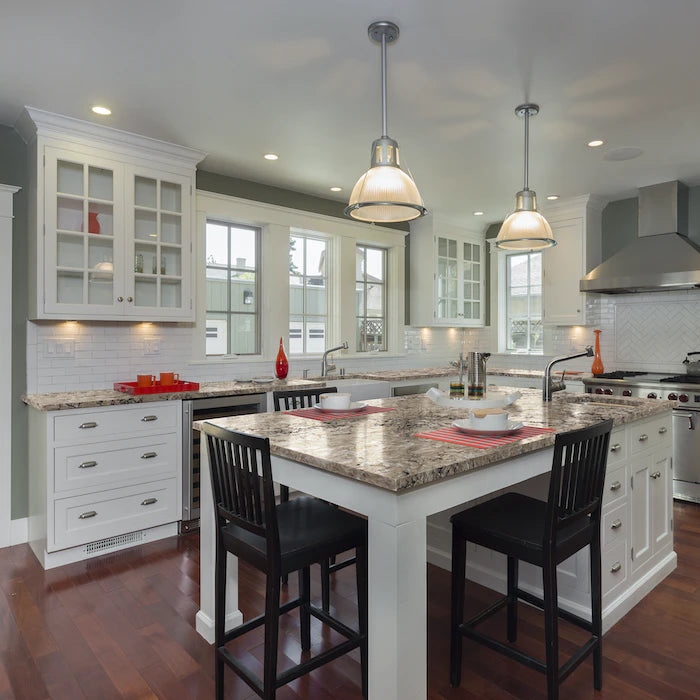 Silestone Kimbler Mist kitchen countertops with gray veining and polished finish — engineered quartz countertops fabricated and installed by Signature Stone LV