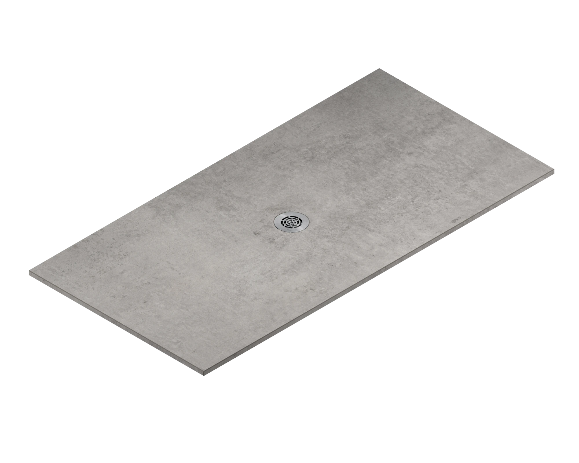 Dekton Kreta shower pan in light gray concrete finish with center drain — premium dekton kitchen countertops by Signature Stone Las Vegas