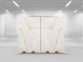 Lumix quartz slabs with white base and gold veining in warehouse setting — premium stone countertops installed by Signature Stone Las Vegas