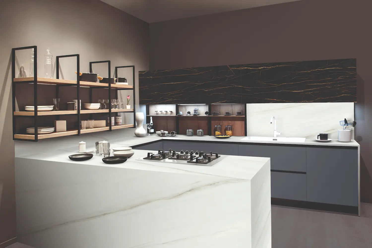 Lasa White marble kitchen island and countertops with polished white finish and gray veining — premium stone countertops installed by Signature Stone Las Vegas