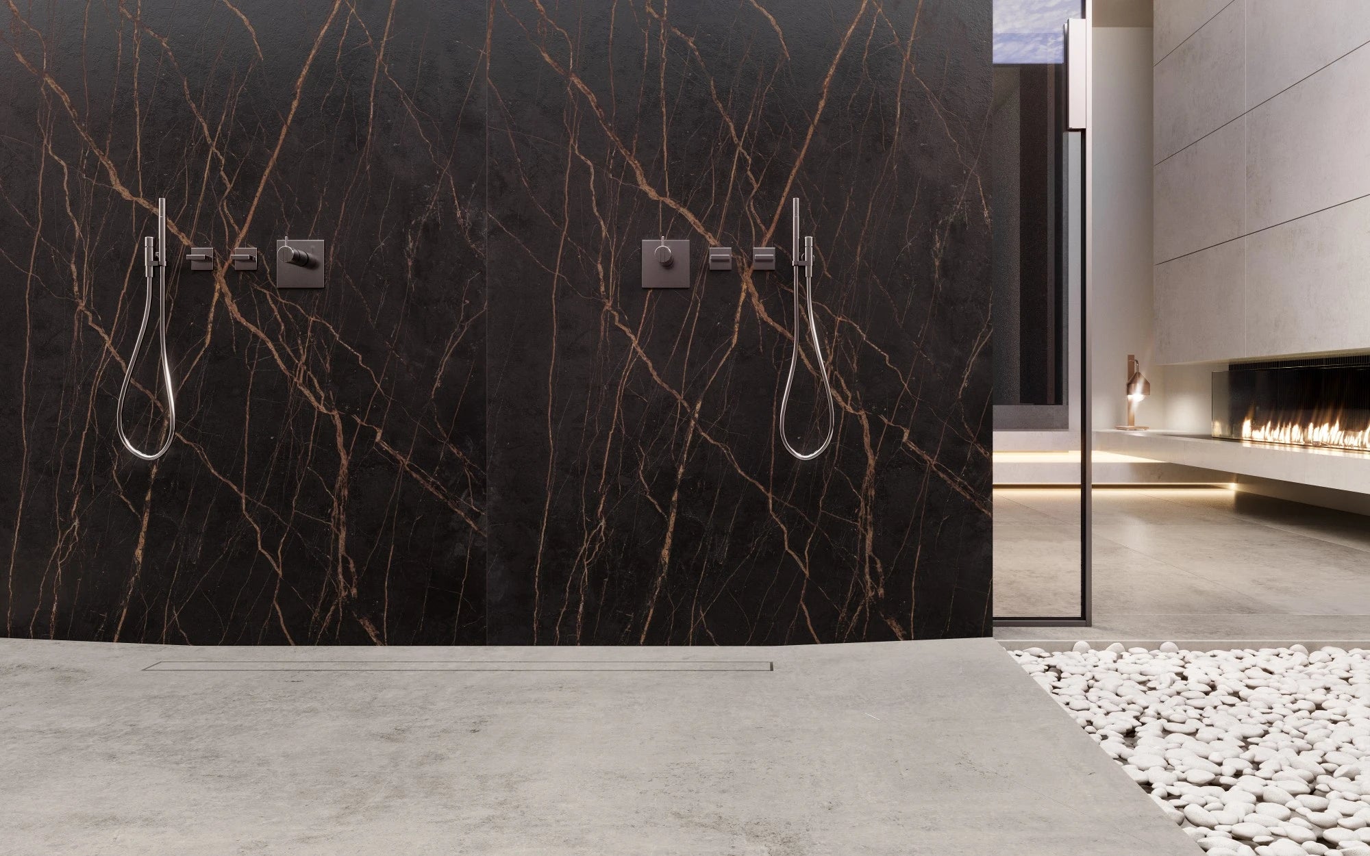 Dekton Laurent shower wall installation with dark marble-look veining and modern fixtures — premium dekton surfaces fabricated and installed by Signature Sto...