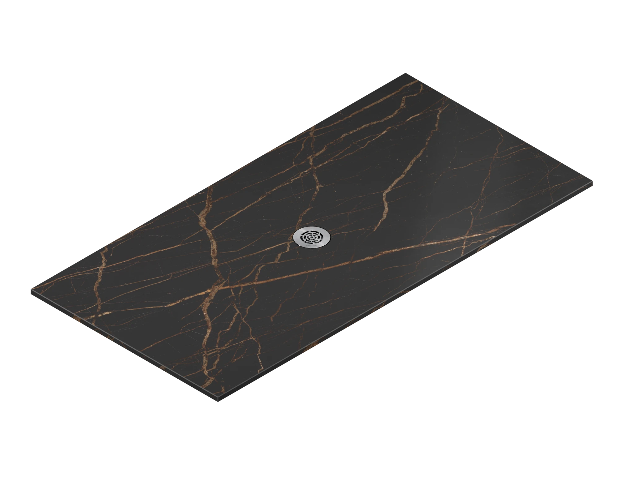 Dekton Laurent shower base with dark marble-look surface and gold veining — elegant dekton kitchen countertops by Signature Stone Las Vegas