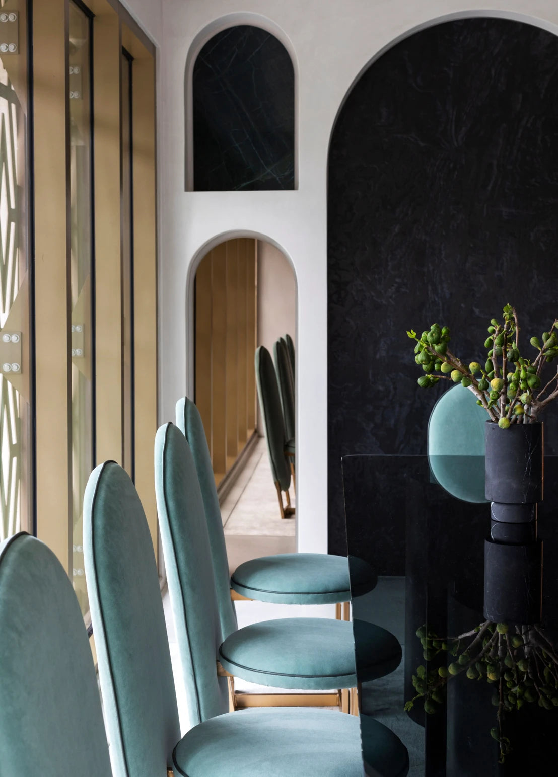 Dekton Liquid Embers stone wall with dark veining and arched niches — premium dekton countertops installed by Signature Stone Las Vegas