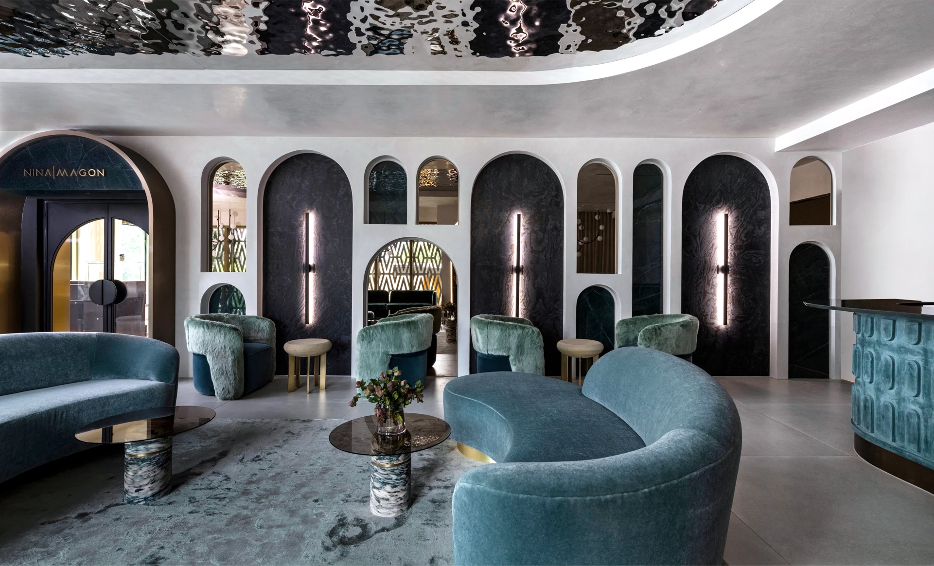Dekton surfaces in luxurious interior with dark veined patterns and curved seating areas — dekton kitchen countertops by Signature Stone Las Vegas