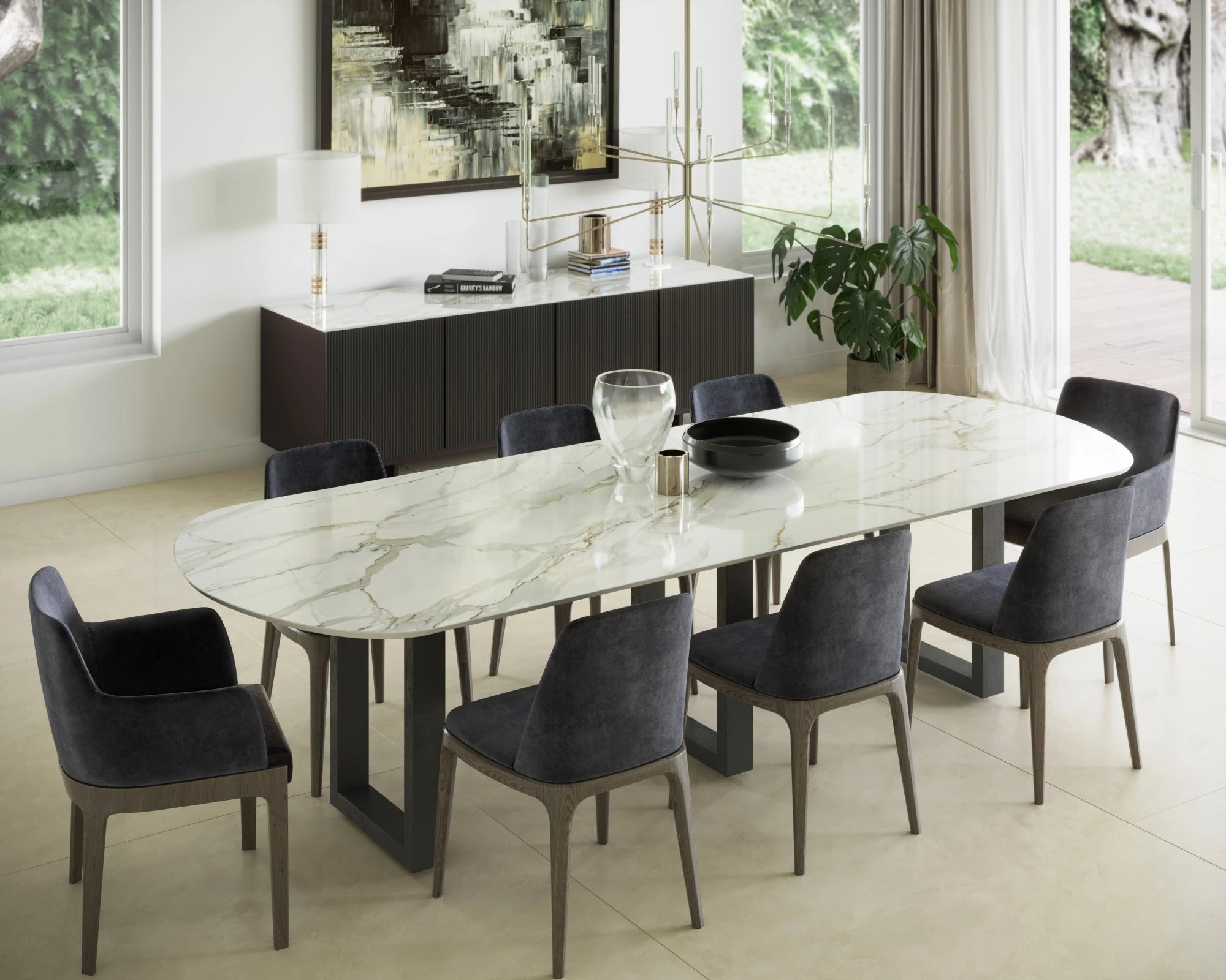 Dekton Lucid dining table with white marble-look finish and sleek edges — premium dekton surfaces fabricated and installed by Signature Stone LV