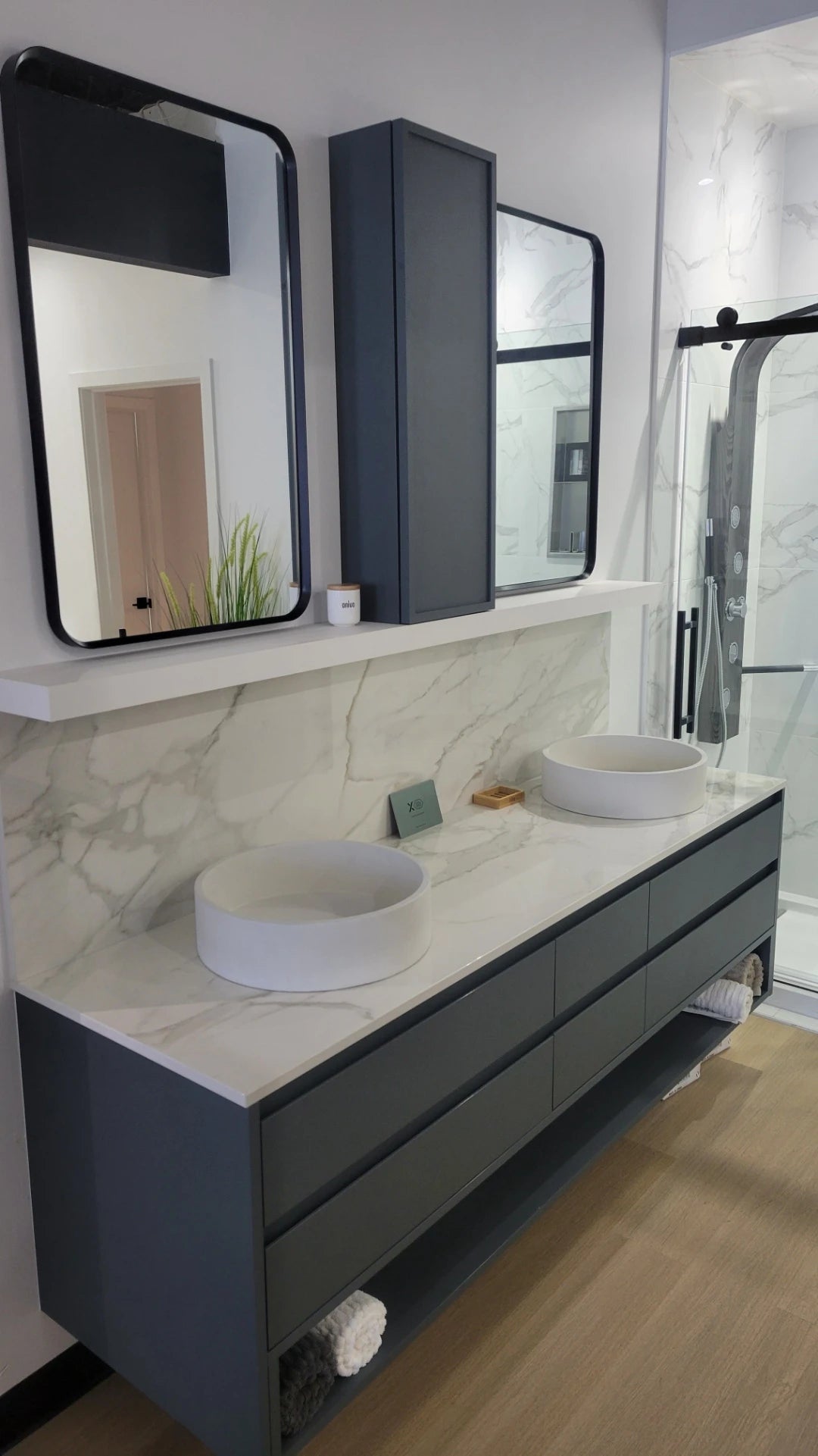 Dekton Lucid bathroom vanity countertop with white marble veining and vessel sinks — premium dekton surfaces fabricated and installed by Signature Stone LV