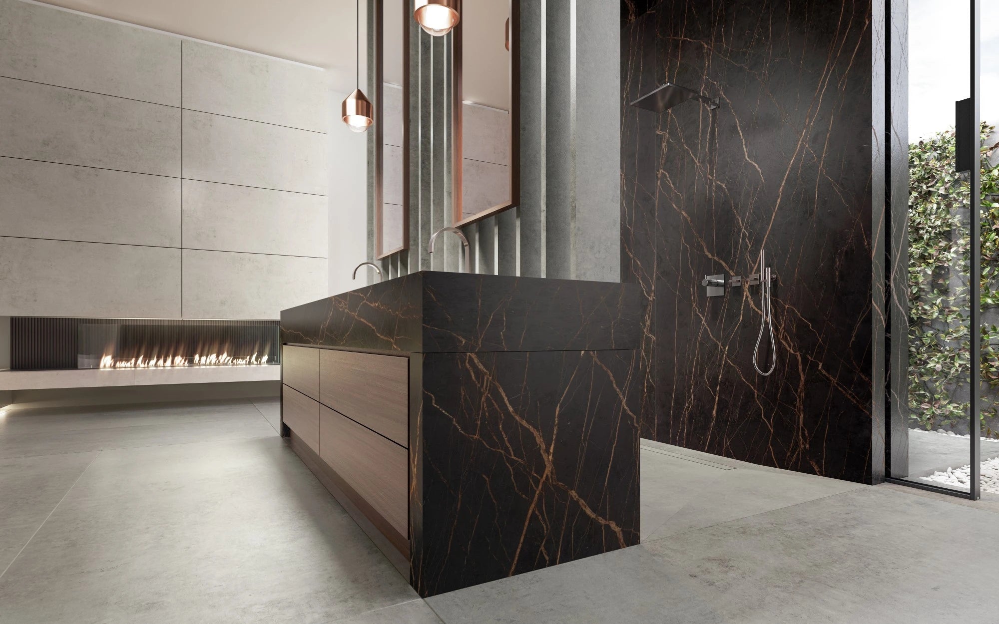 Dekton Lunar kitchen island and backsplash with dramatic dark marble veining and matte finish — premium dekton surfaces fabricated and installed by Signature...