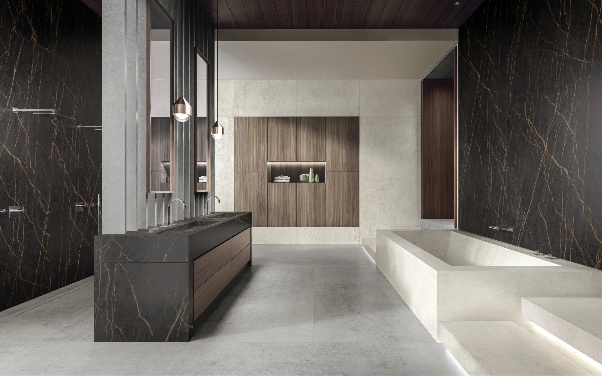 Dekton Lunar bathroom vanity with dark veining and modern rectangular bathtub — premium dekton countertops installed by Signature Stone Las Vegas