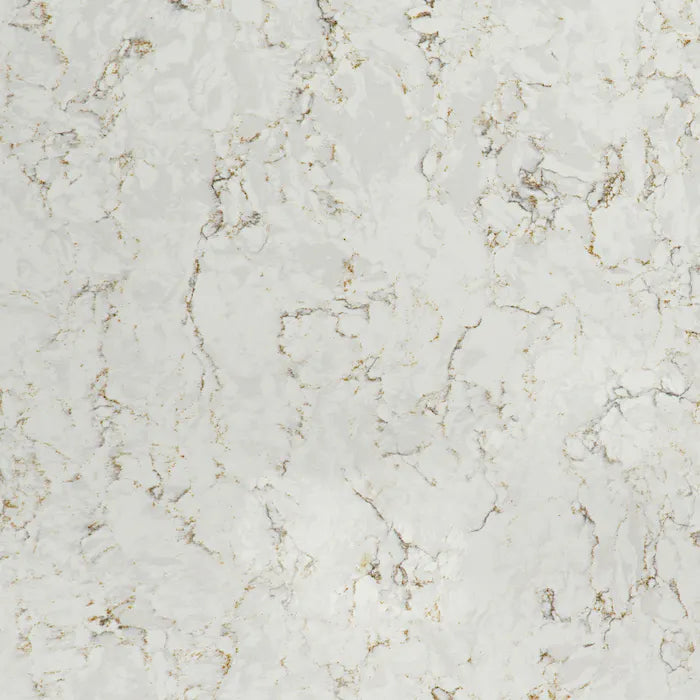 Silestone Lusso quartz slab with white marble-look veining and gold accents — premium quartz countertops installed by Signature Stone Las Vegas