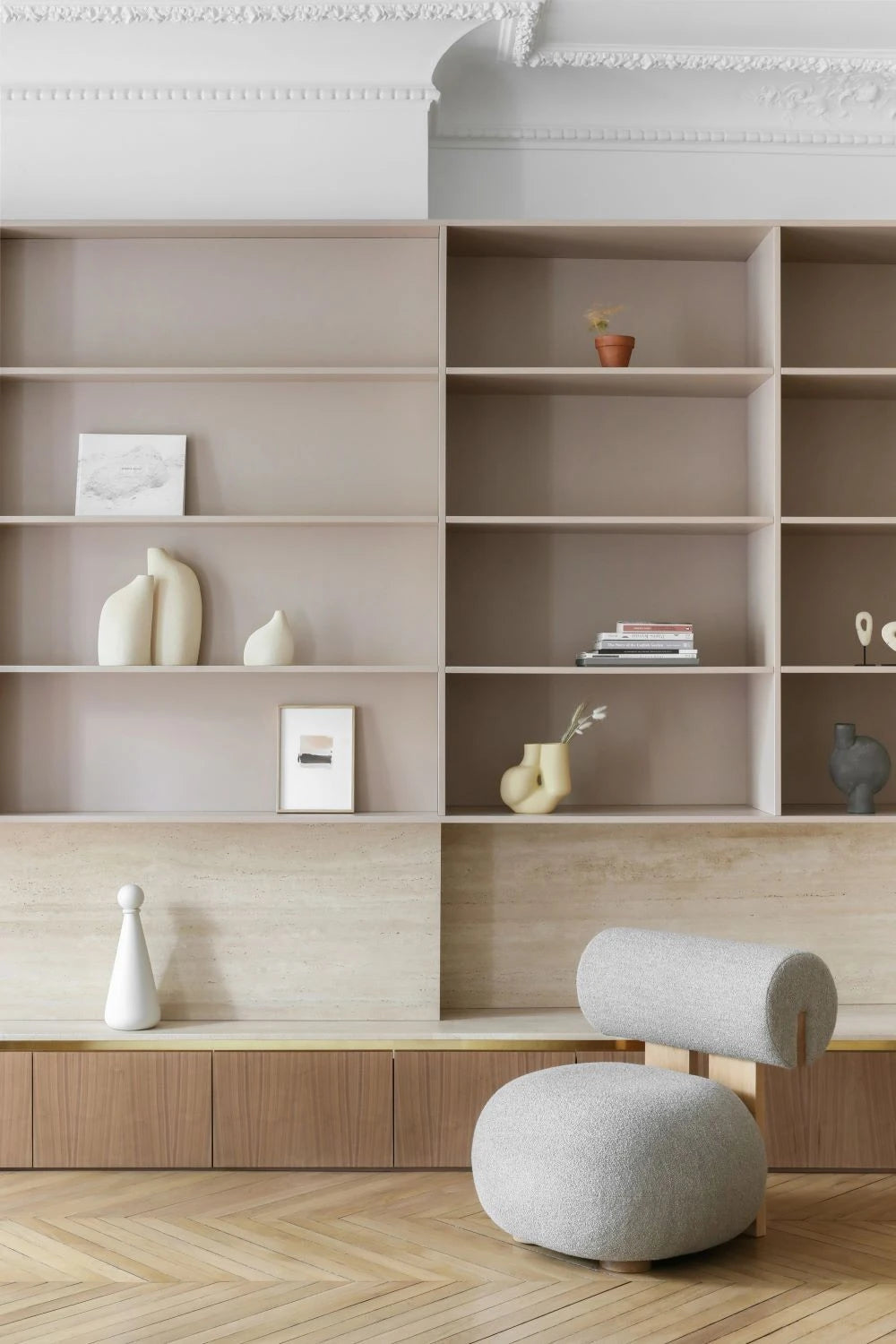 Dekton Marmorio built-in shelving with warm beige finish and clean lines — premium dekton countertops installed by Signature Stone Las Vegas