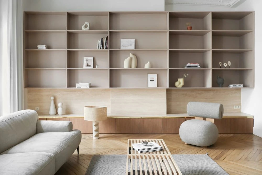 Dekton Marmorio built-in shelving with warm beige tones and smooth matte finish — featuring dekton kitchen countertops by Signature Stone Las Vegas