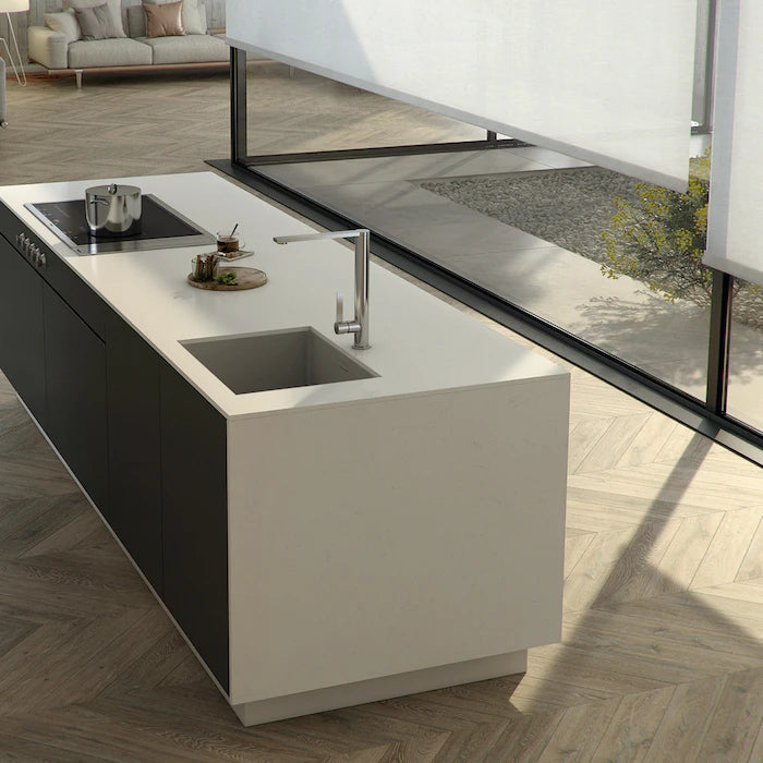 Silestone Miami Vena kitchen island with white finish and waterfall edge — engineered quartz countertops fabricated and installed by Signature Stone LV