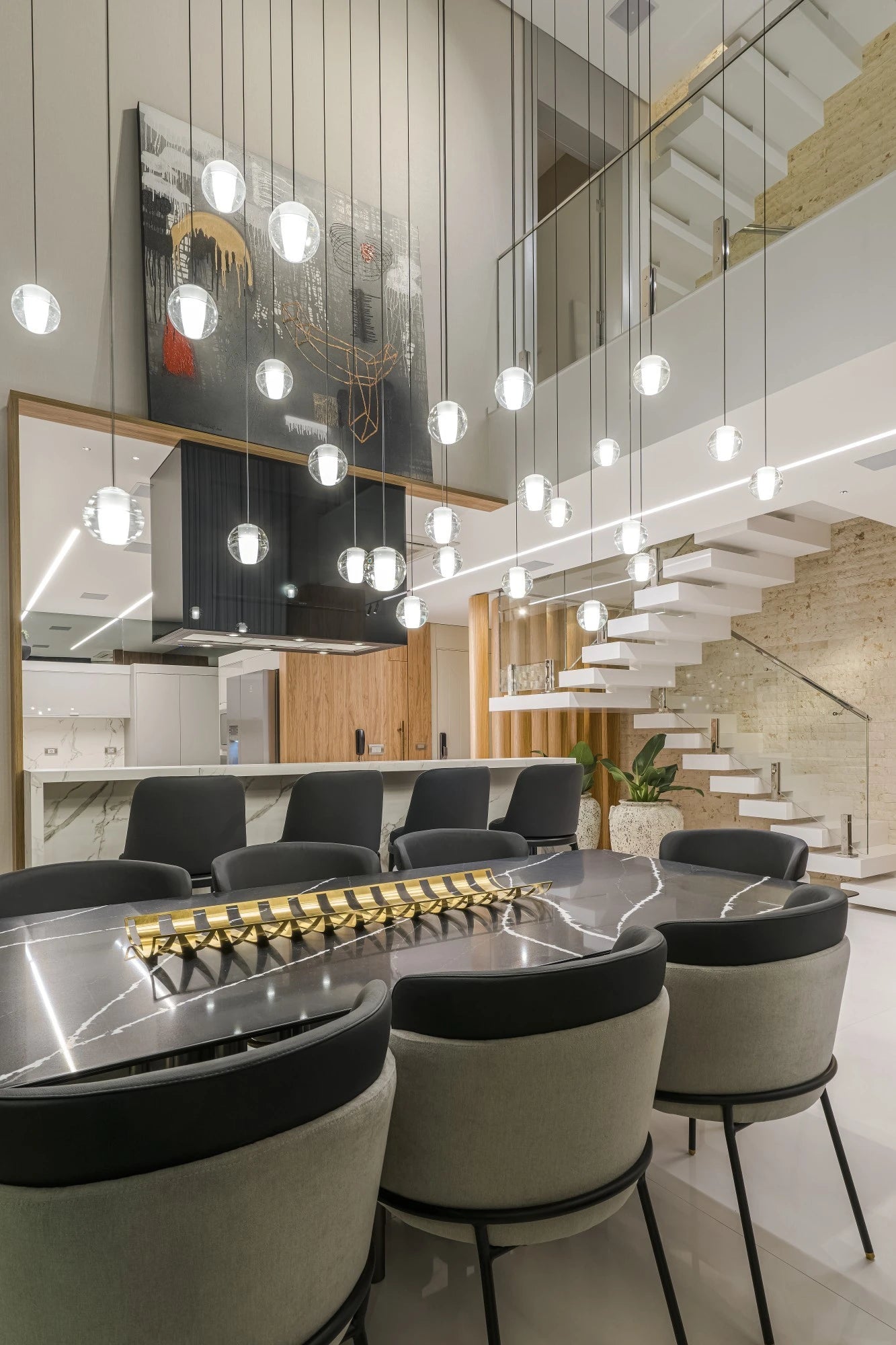 Silestone Miami White quartz kitchen island with dramatic veining and waterfall edge — premium quartz countertops near me by Signature Stone Las Vegas