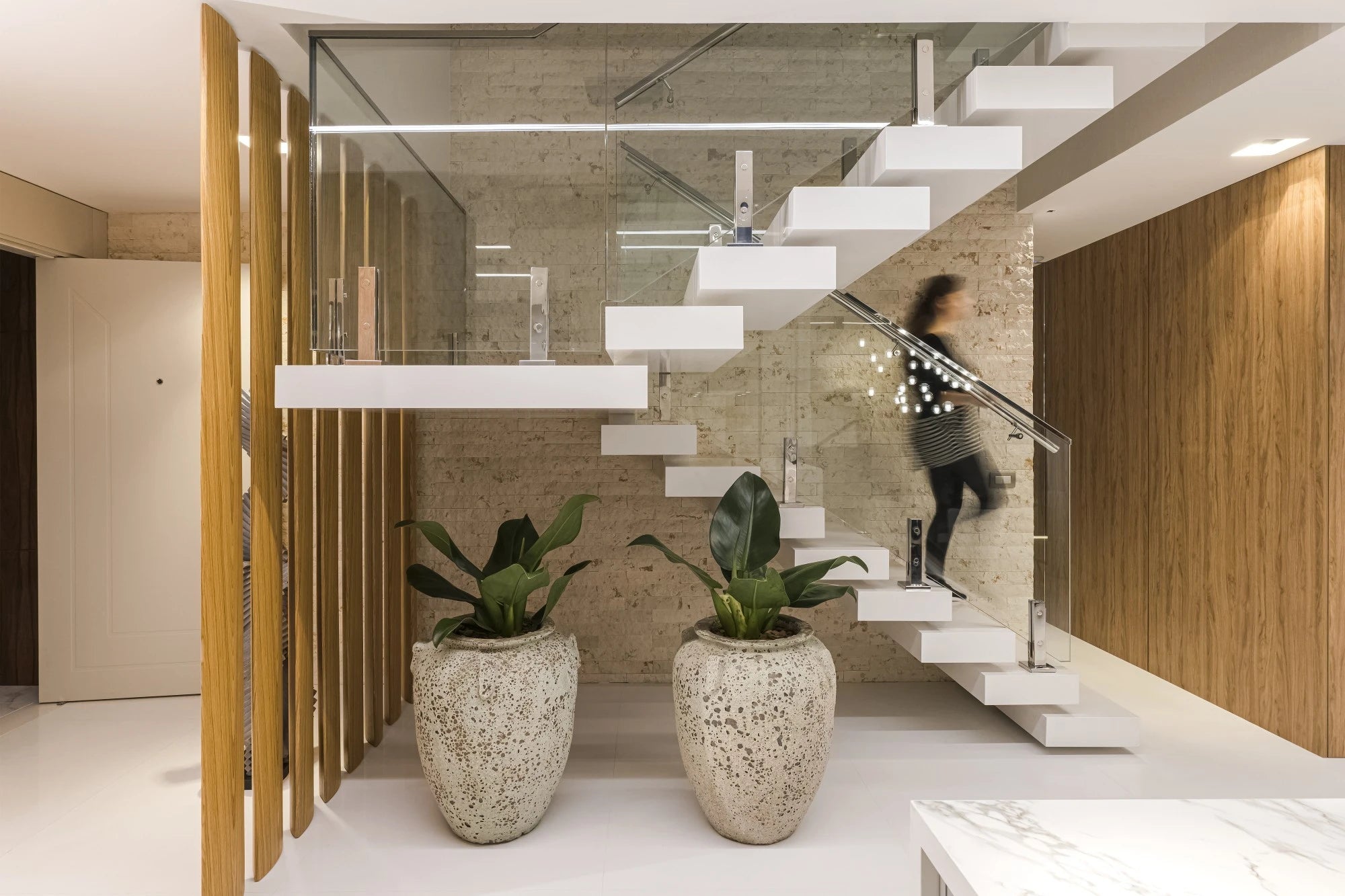 Silestone Miami White staircase treads with clean white finish and sleek edges — modern quartz countertops installed by Signature Stone Las Vegas