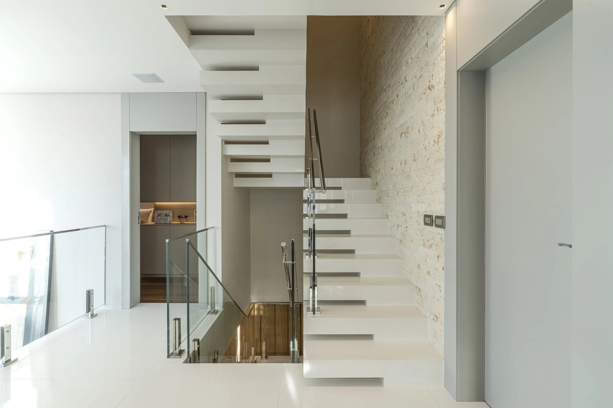 Silestone Miami White staircase treads with clean white finish and sharp edges — quartz countertops installed by Signature Stone Las Vegas