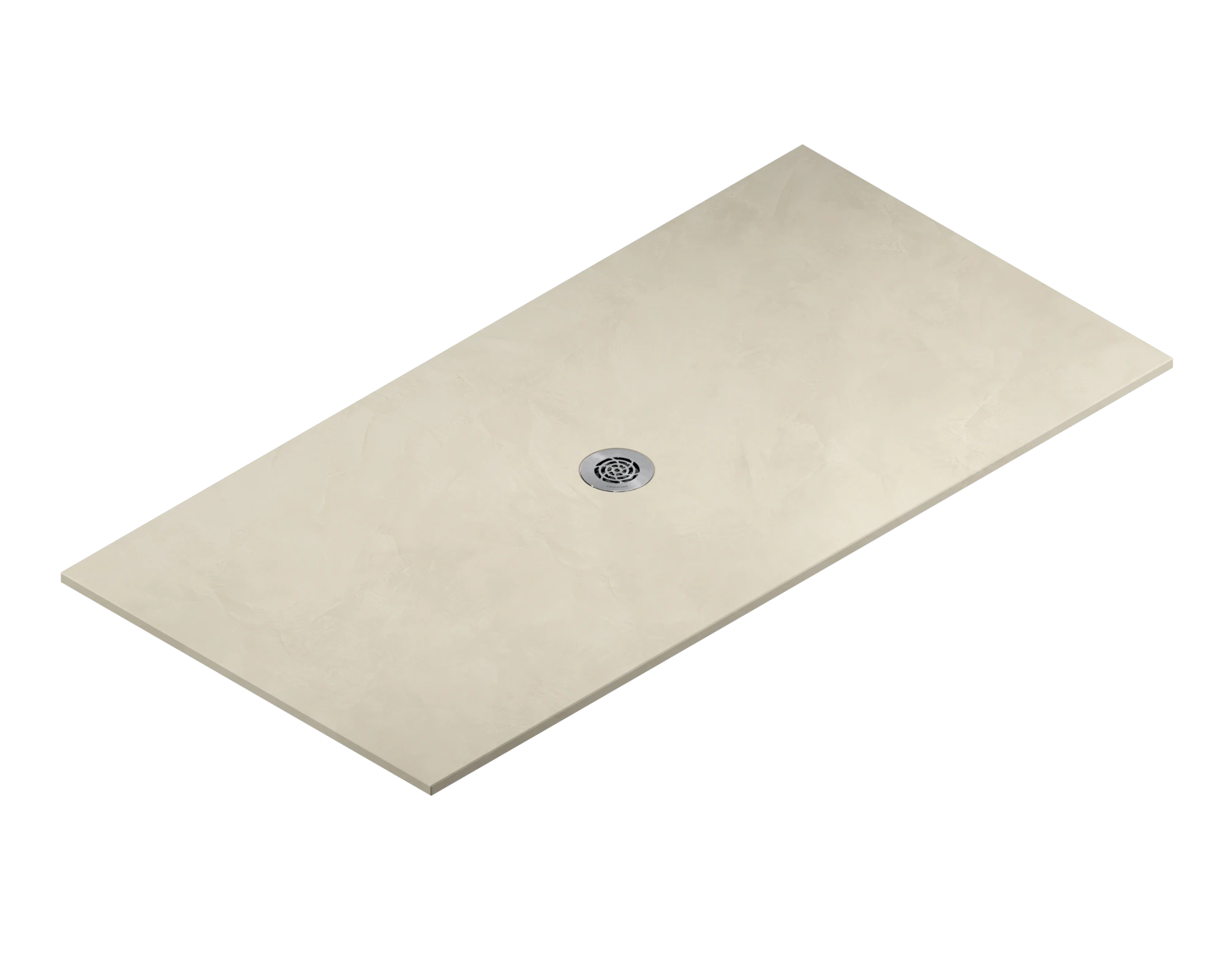 Dekton Nacre shower base with center drain in warm beige tone and smooth matte finish — premium dekton surfaces fabricated and installed by Signature Stone LV