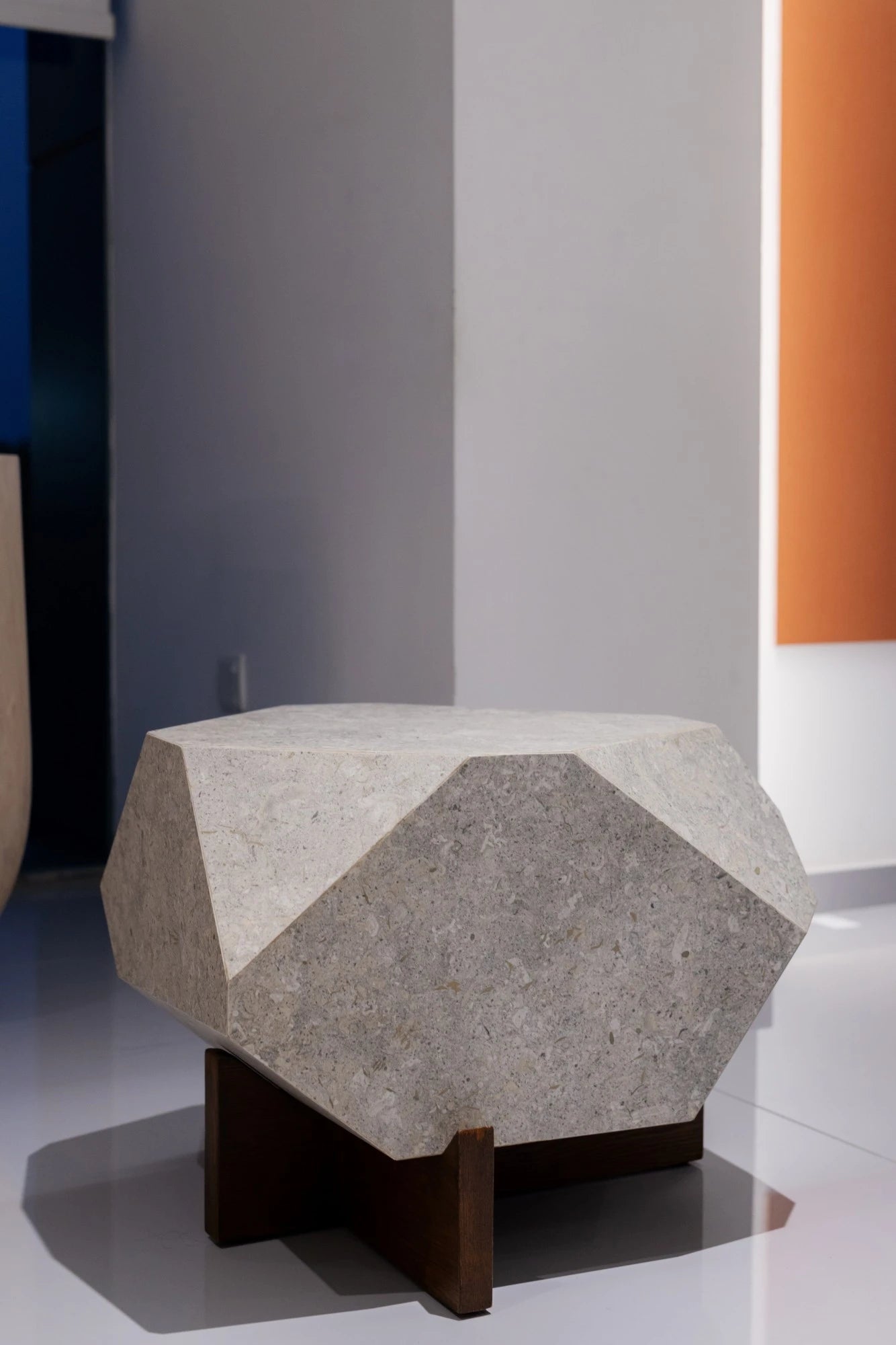 Dekton Nebbia geometric sculptural piece with light gray speckled finish on dark base — dekton kitchen countertops by Signature Stone Las Vegas