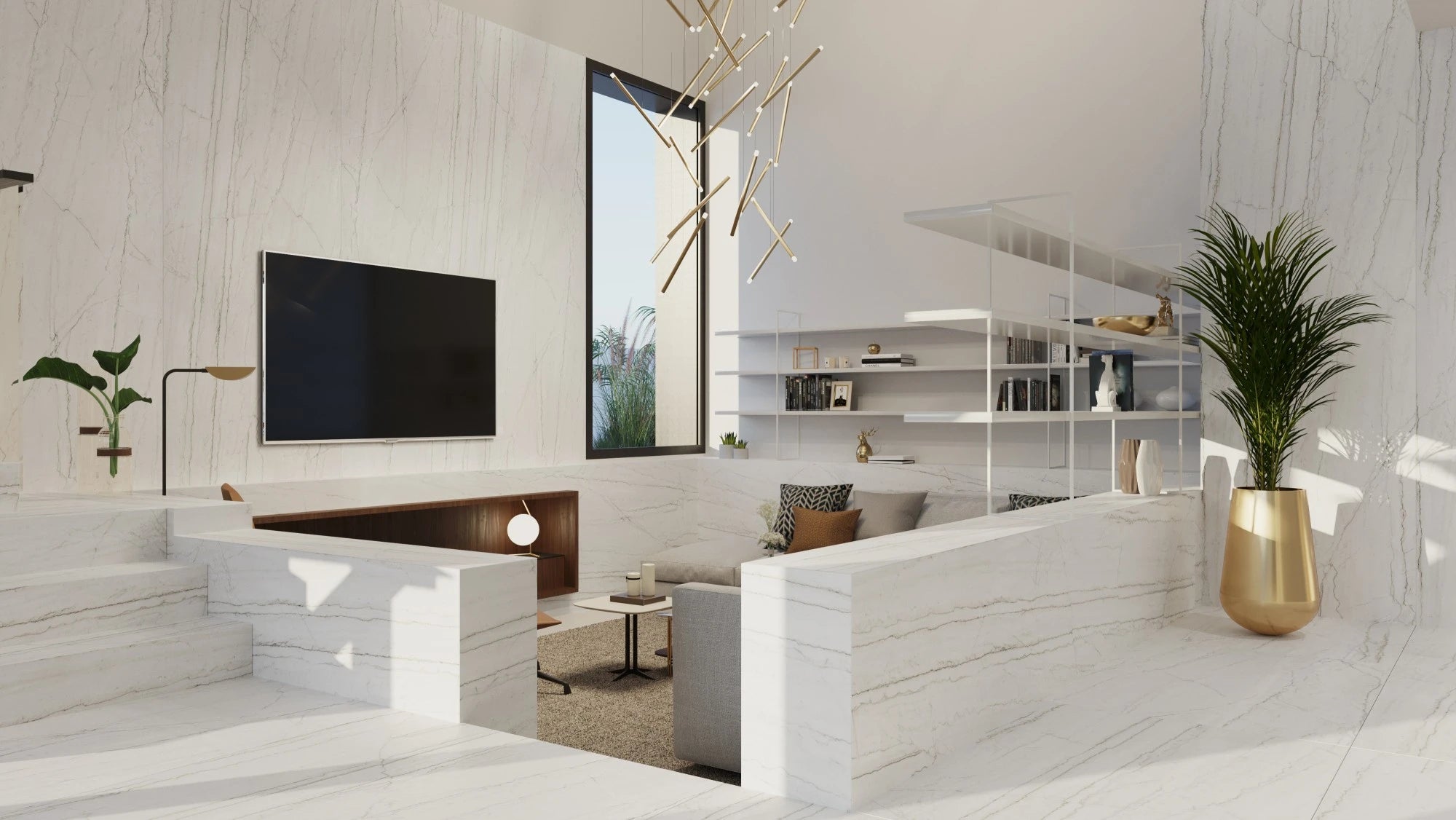 Dekton Neural countertops and wall cladding with white marble veining in modern living room — premium dekton surfaces fabricated and installed by Signature S...