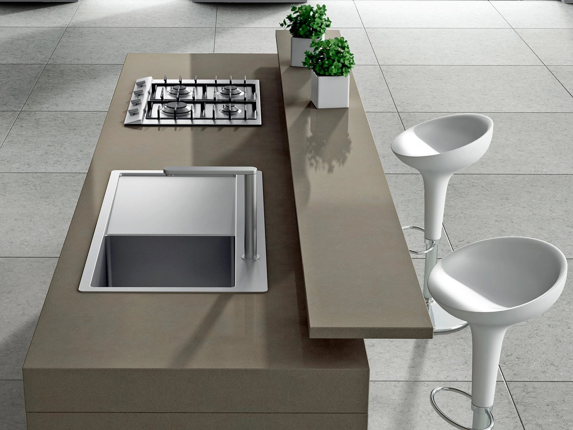 Silestone Noka kitchen island with integrated sink and cooktop featuring warm taupe finish — engineered quartz countertops fabricated and installed by Signat...
