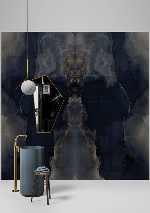 Onyx Misterioso wall application with dramatic dark blue and gold veining patterns — premium countertop fabrication by Signature Stone Las Vegas