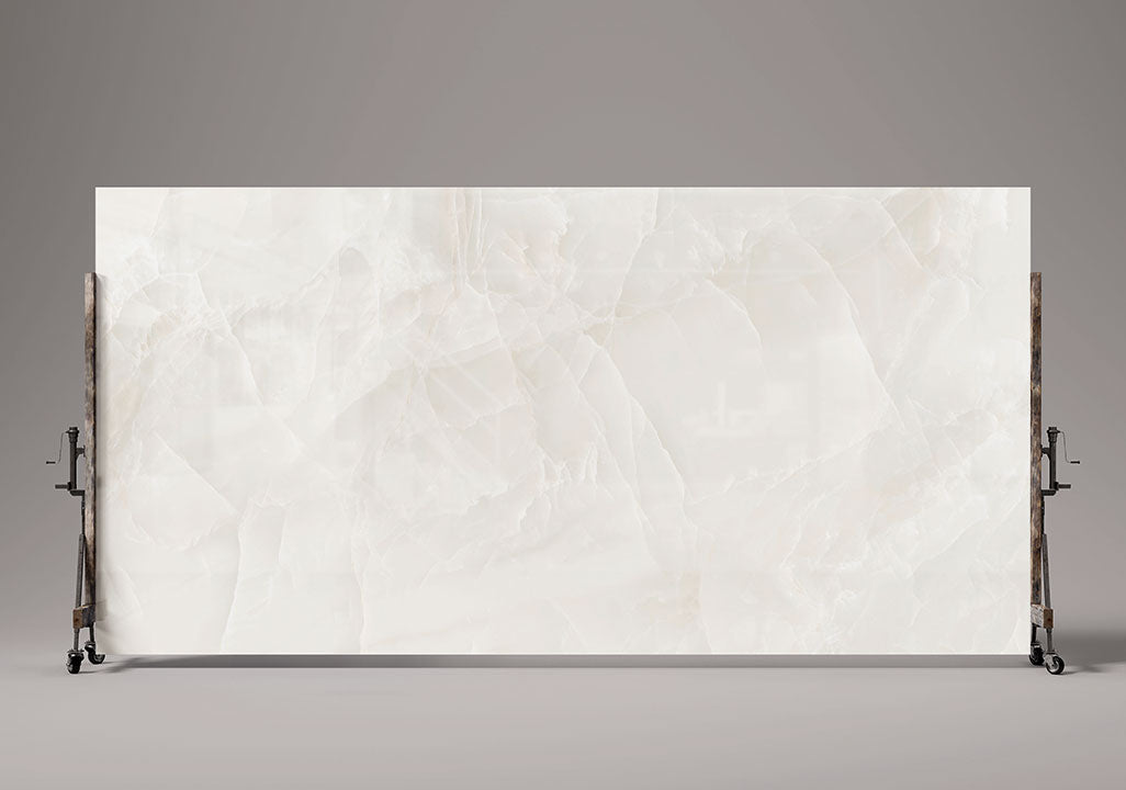 Onyx Nuvolato slab with elegant white and gray veining patterns — premium countertop fabrication by Signature Stone Las Vegas