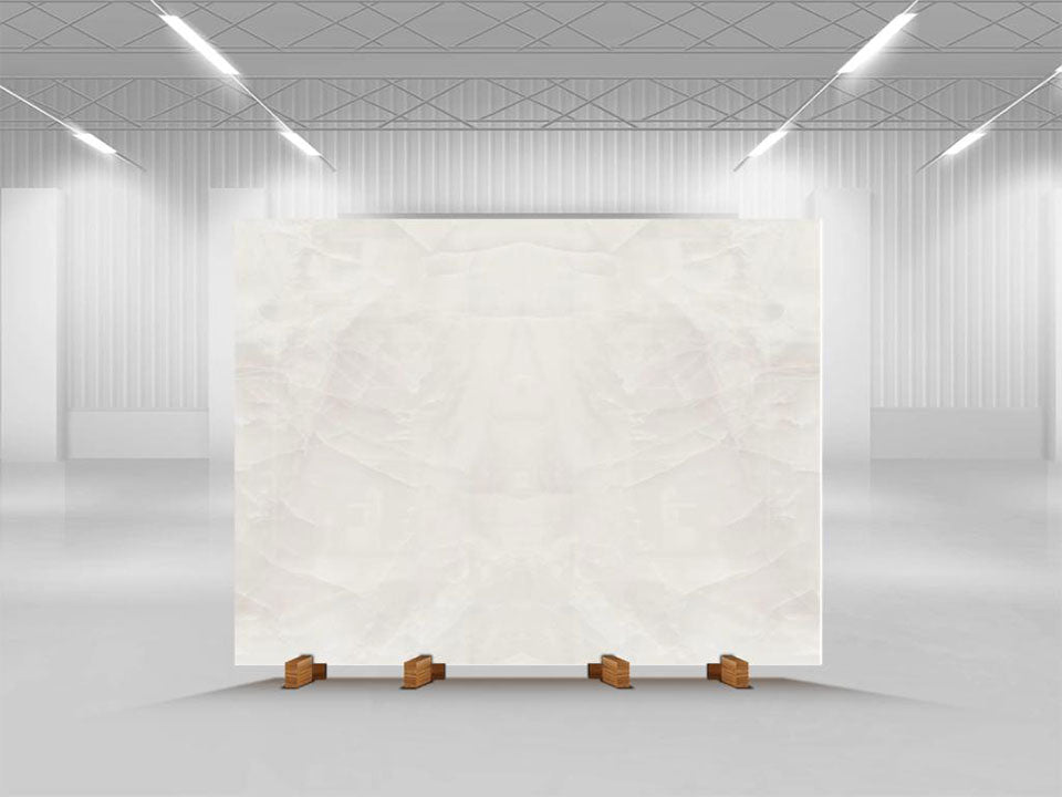 Onyx Nuvolato slab display with white veined pattern and polished finish — premium stone countertops installed by Signature Stone Las Vegas