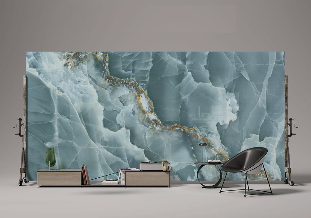Onyx Oceano slab with blue-gray veining and gold accents in modern interior — luxury stone countertops installed by Signature Stone Las Vegas