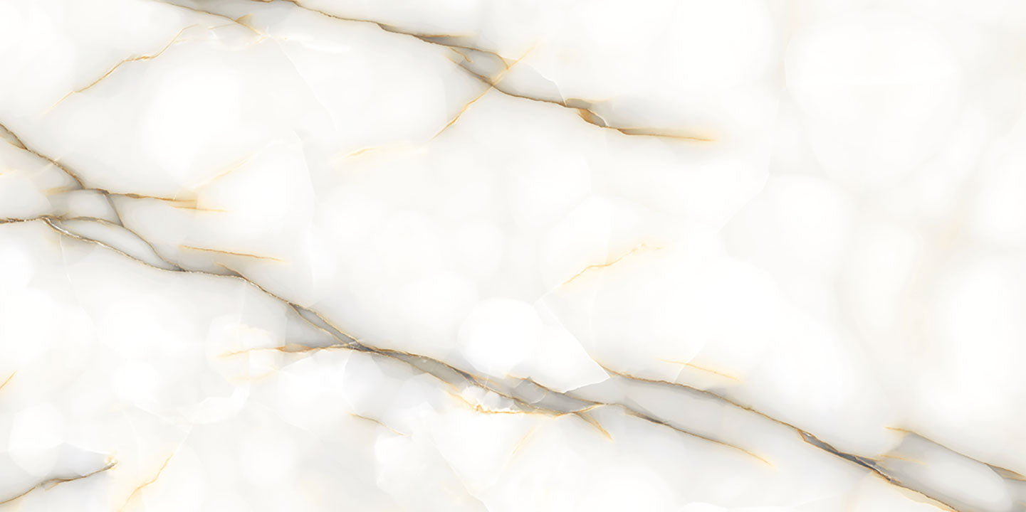 Onyx Perla slab with creamy white base and golden veining — elegant custom countertops fabricated and installed by Signature Stone LV
