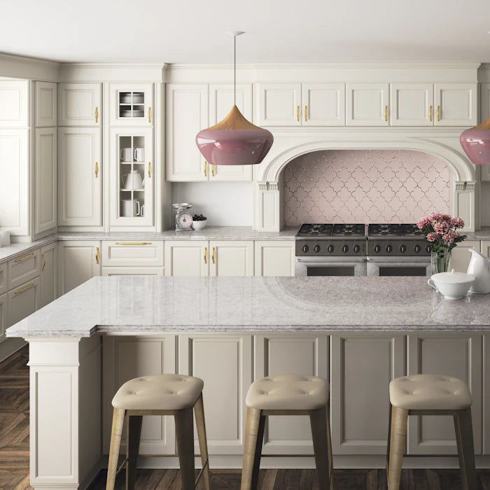 Silestone Ocean Jasper F kitchen island with white marble-look finish and straight edges — engineered quartz countertops fabricated and installed by Signatur...