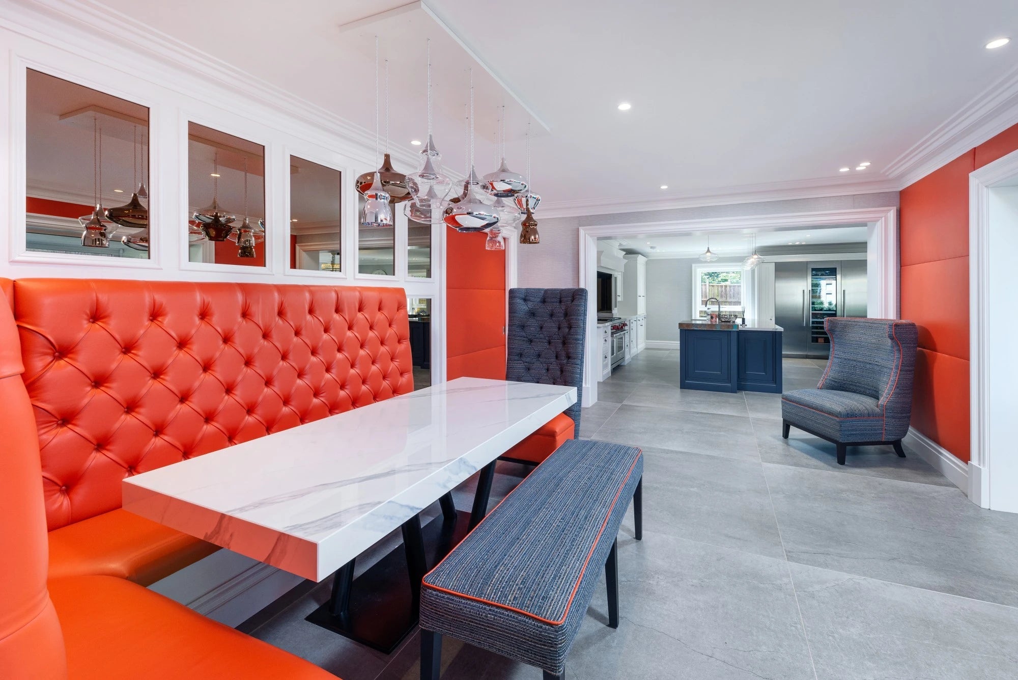 Dekton Olimpo dining surface with white marble-look finish and clean edges — premium dekton kitchen countertops by Signature Stone Las Vegas