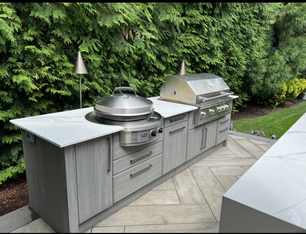 Dekton Olimpo outdoor kitchen countertops with white finish and straight edges — premium dekton surfaces fabricated and installed by Signature Stone LV