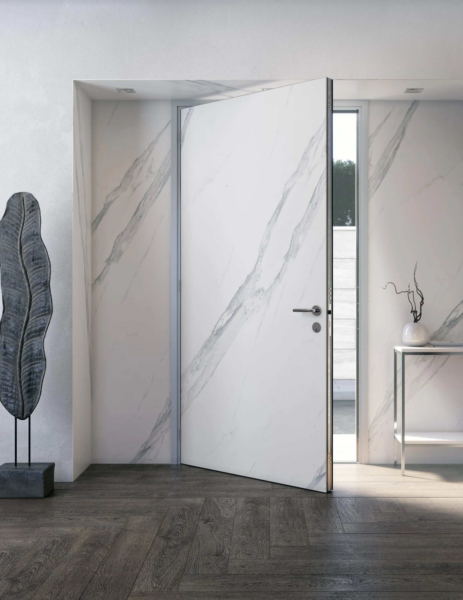 Dekton Opera wall cladding with white marble veining and matching door panel — premium dekton countertops installed by Signature Stone Las Vegas