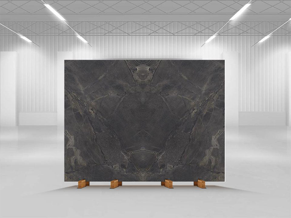 Pietra Rustica stone slab with dark charcoal veining and dramatic book-matched pattern — premium countertop fabrication by Signature Stone Las Vegas