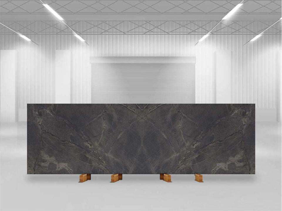 Pietra Rustica marble slab with dramatic dark gray veining and book-matched pattern — stone countertops installed by Signature Stone Las Vegas