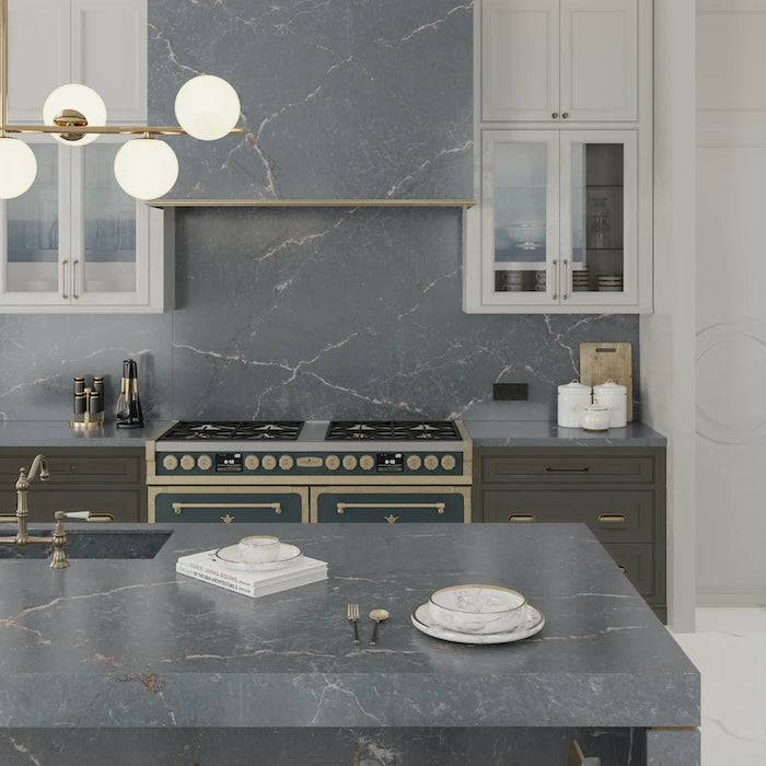 Silestone Parisien Bleu kitchen island with dark blue veined surface — engineered quartz countertops fabricated and installed by Signature Stone LV