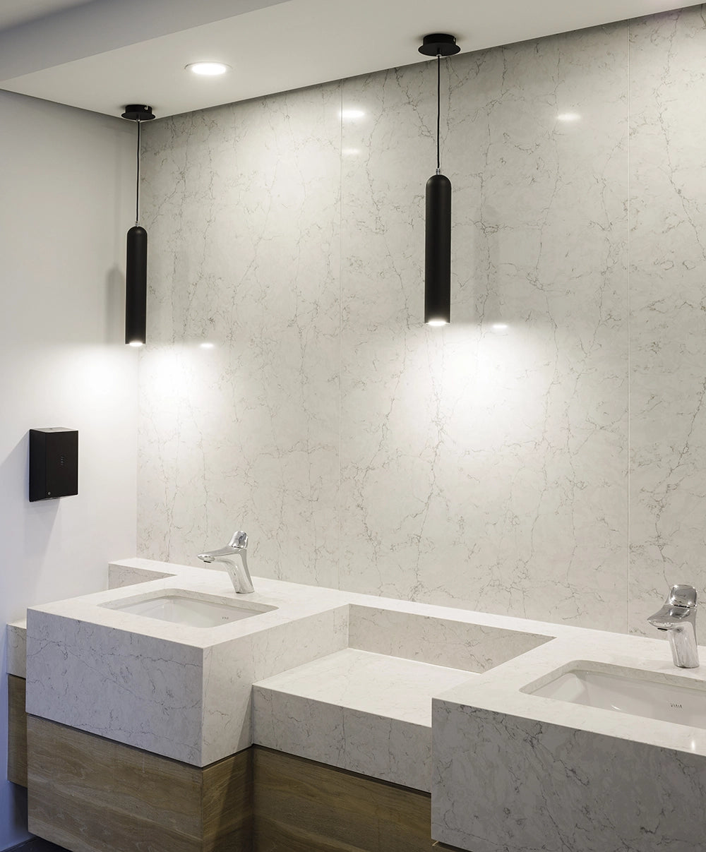 Silestone Pearl Jasmine quartz bathroom vanity with white marble veining and polished finish — quartz countertops near me by Signature Stone Las Vegas