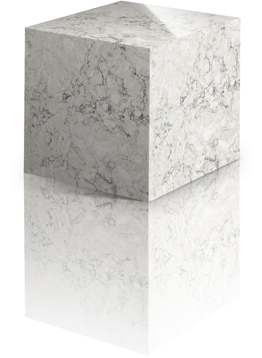 Silestone Pietra cube sample with white and gray marble veining pattern — engineered quartz countertops fabricated and installed by Signature Stone LV