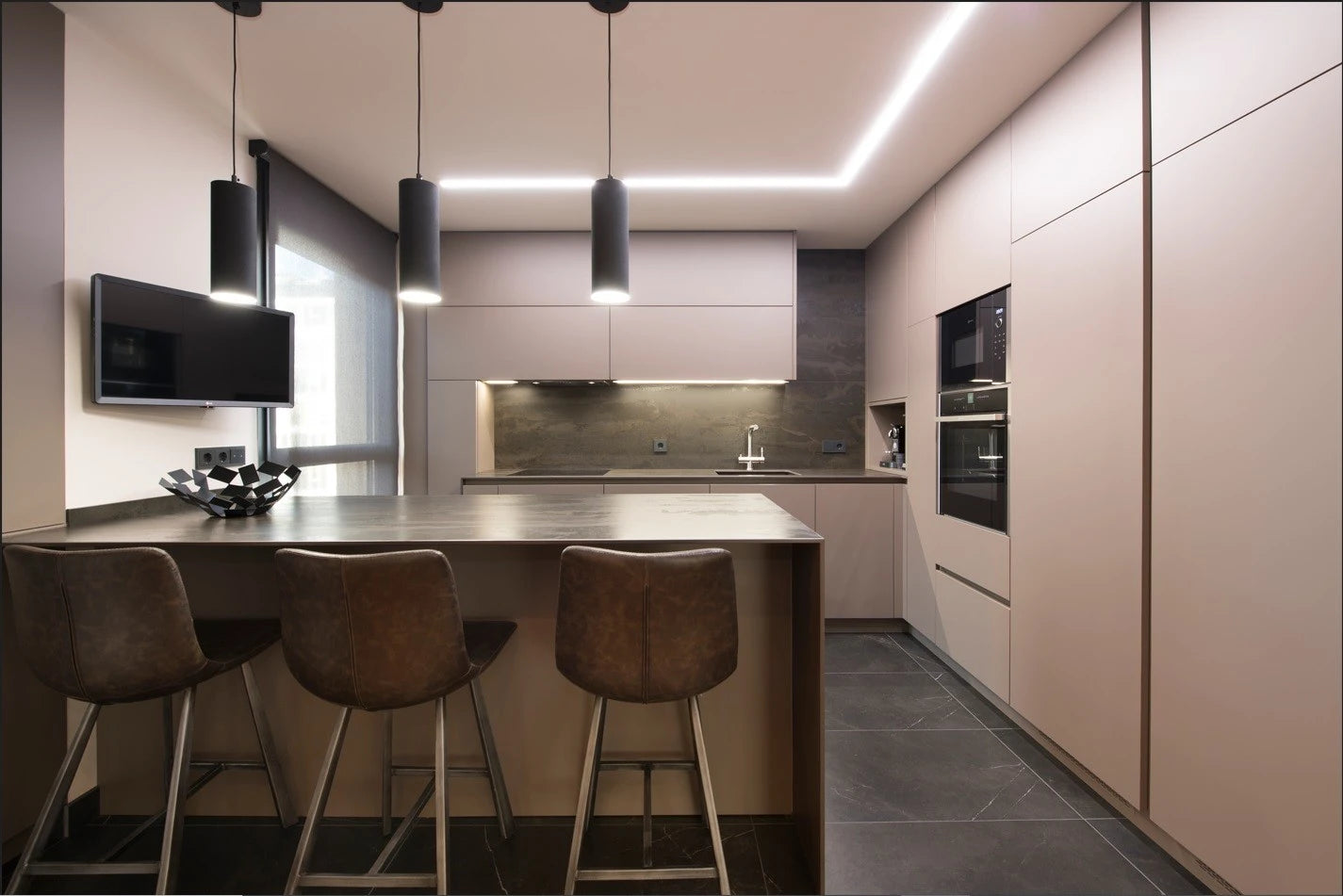 Dekton Radium kitchen island with dark gray finish and clean edges — modern dekton kitchen countertops by Signature Stone Las Vegas